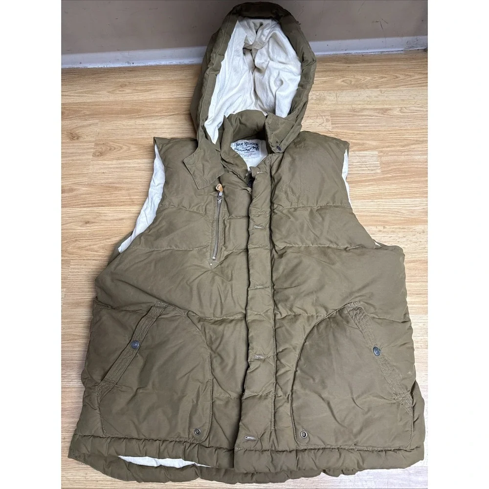True Religion Hooded Puffer‎ Vest Mens 2XL Quilted Dark Kaki Full Zip